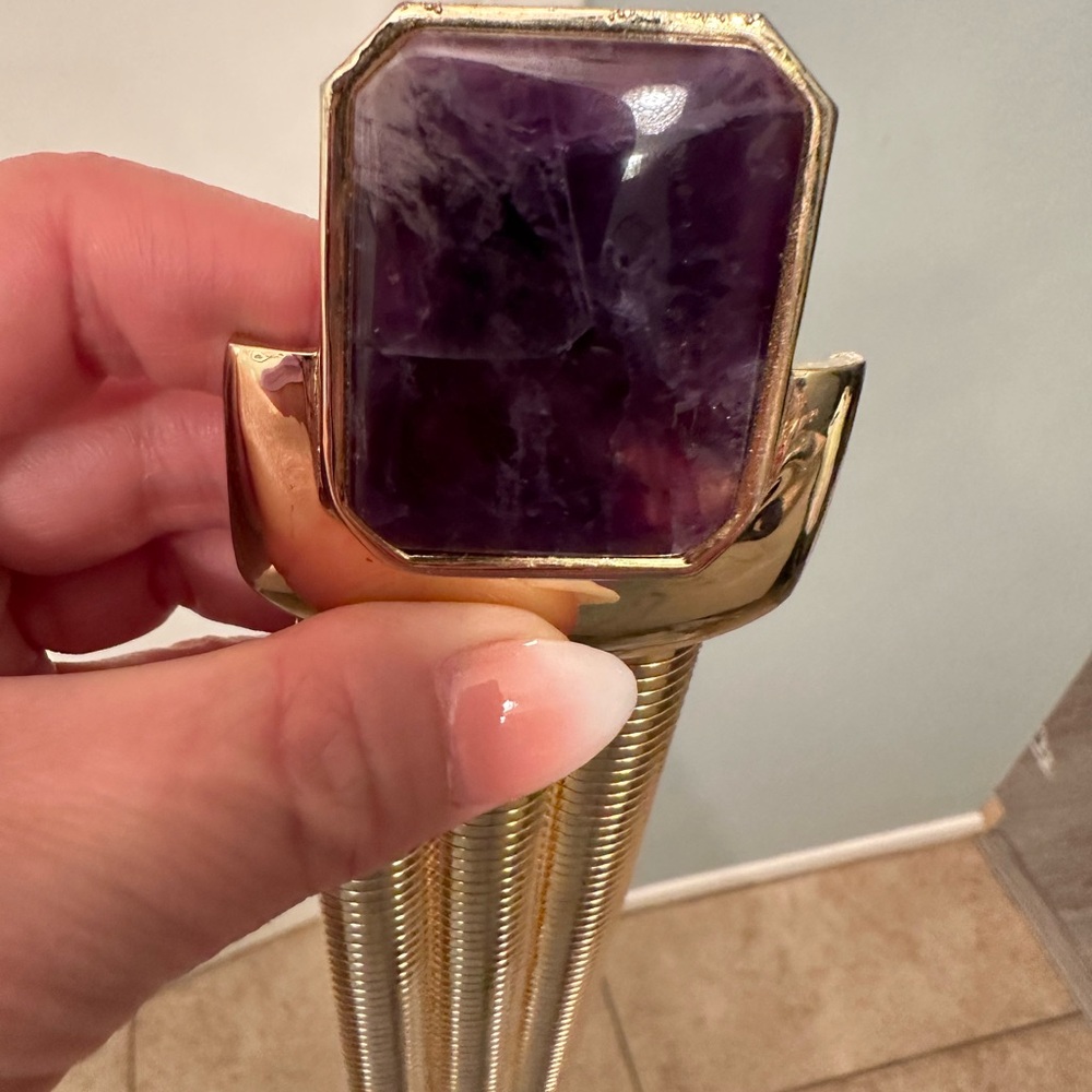 Judith Lieber gold stretch belt with amethyst
